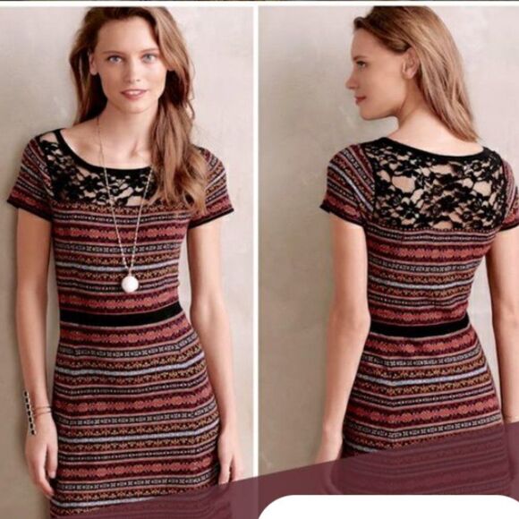 Anthropologie Sparrow Fair Isle Slim Knit Size M Midi Dress Lace Panel Back - Picture 1 of 15